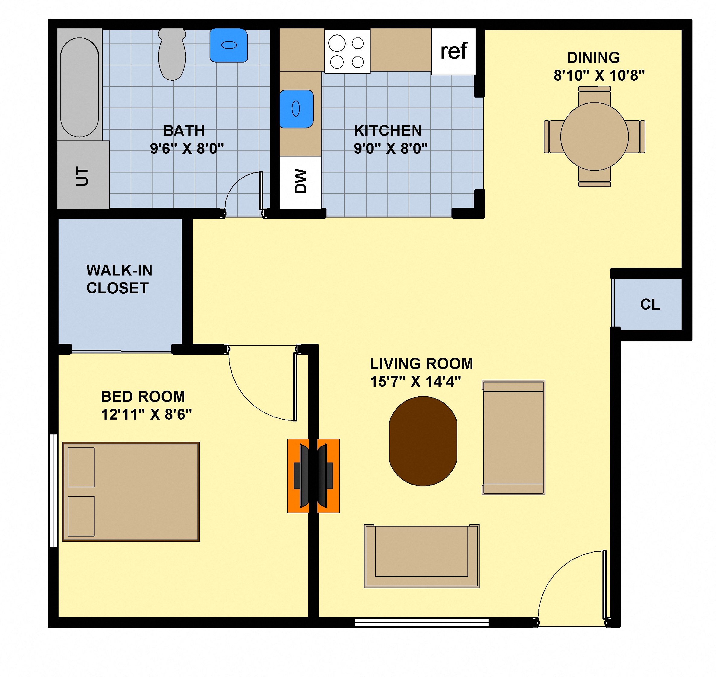 Floor plan for 1 bed, 1 bath, 750 sqft